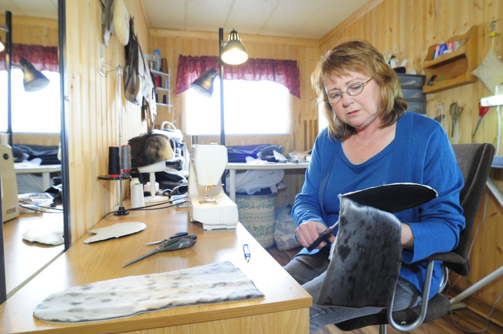 Artist: Patsy Cheater
From Catalina, NL
Mitts made with harp seal fur
Photo taken by Brian Ricks Photography.